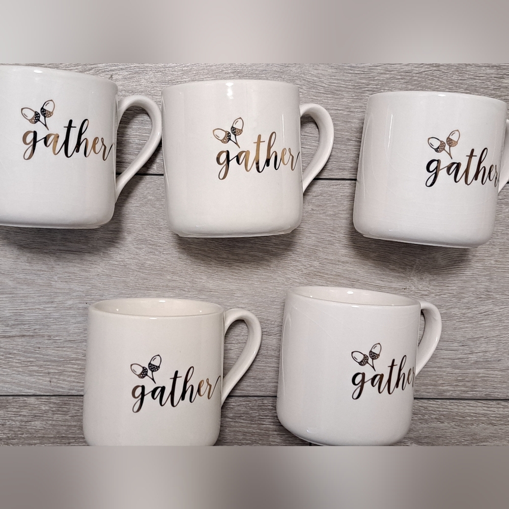 5 Brand New Fall/Thanksgiving Themed Gather White Ceramic Mugs Set